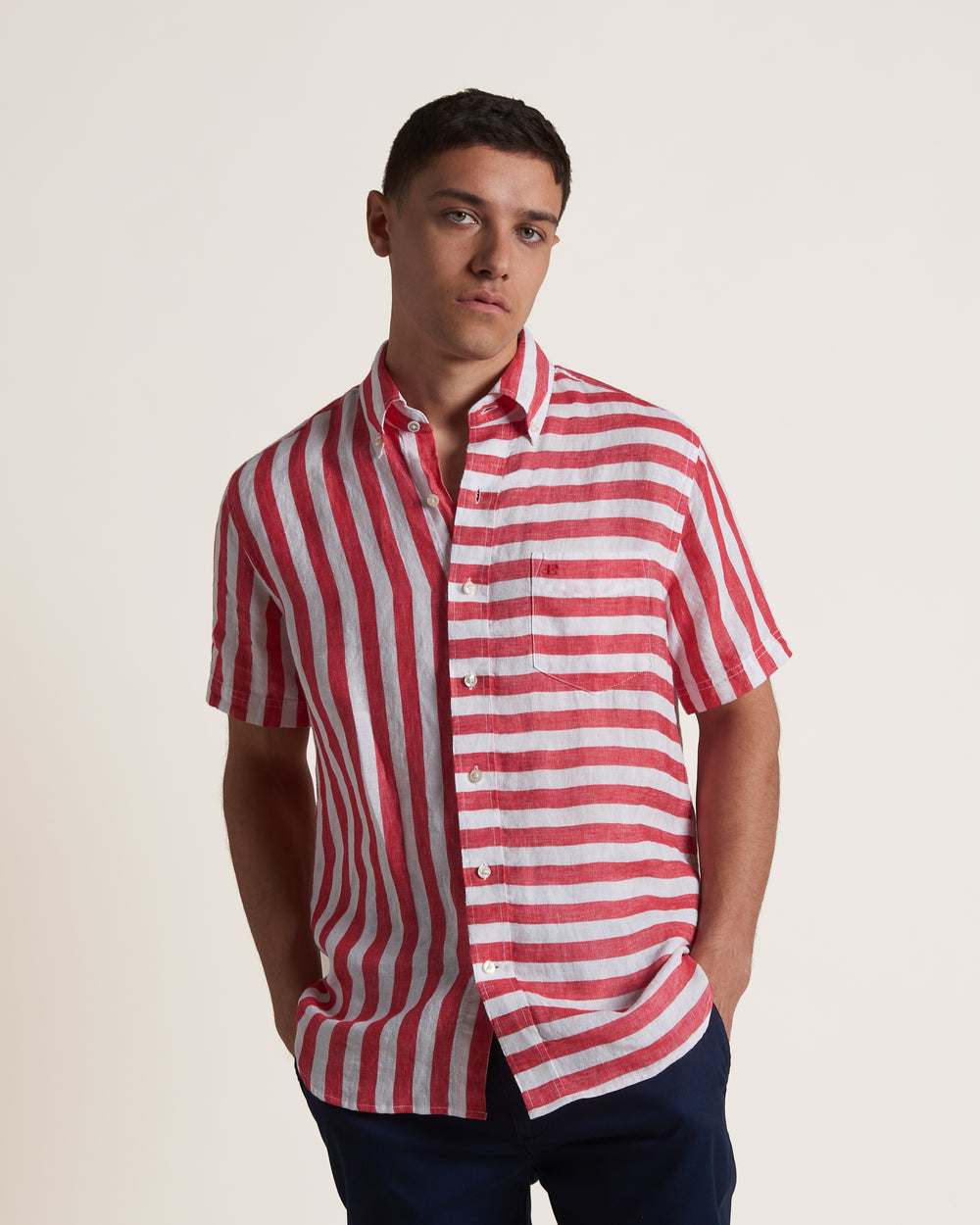 Camasa Ben Sherman B by Ben Sherman Candy Stripe Linen Short Sleeve Roz Rosii | 745-KCZWBM