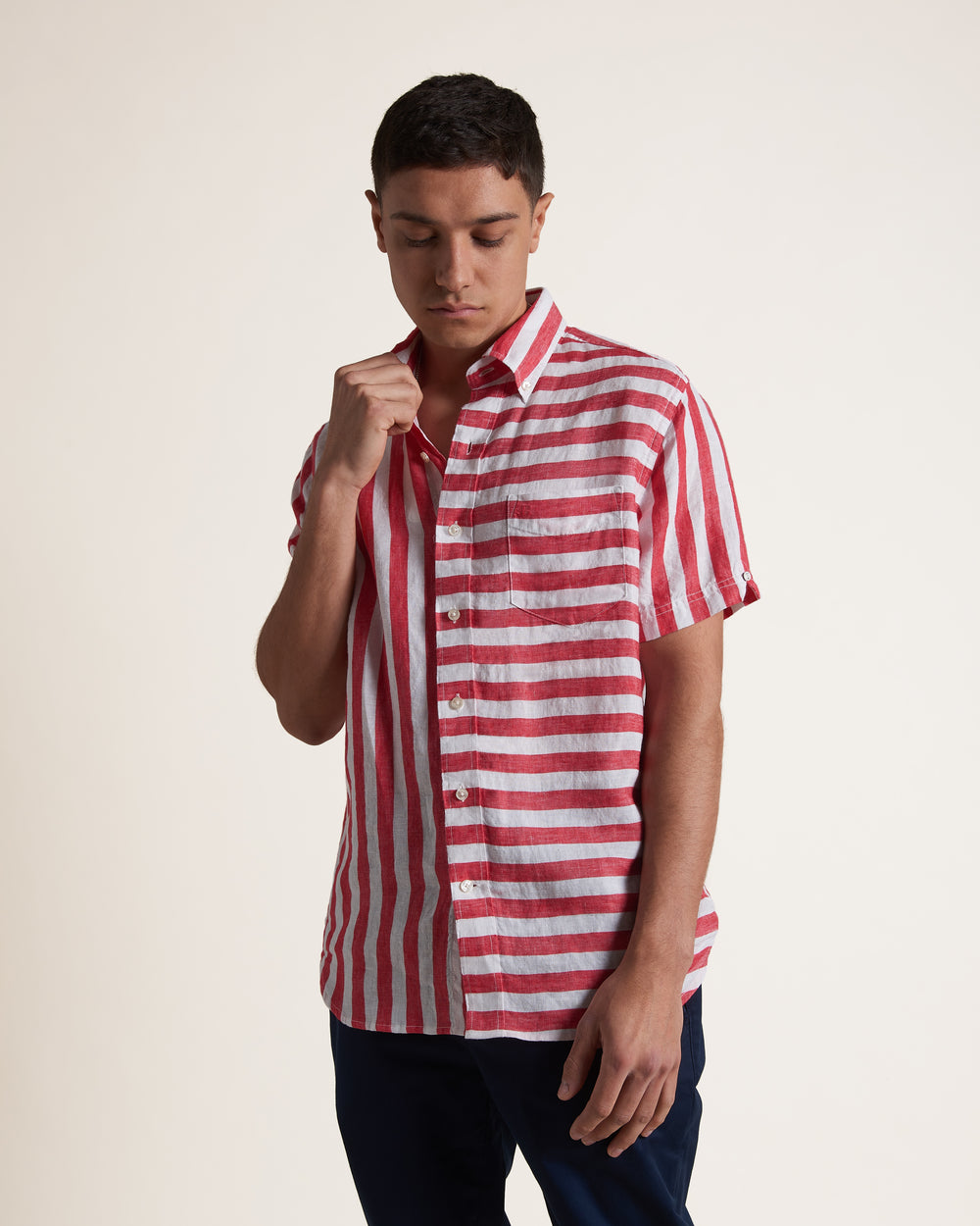 Camasa Ben Sherman B by Ben Sherman Candy Stripe Linen Short Sleeve Roz Rosii | 745-KCZWBM