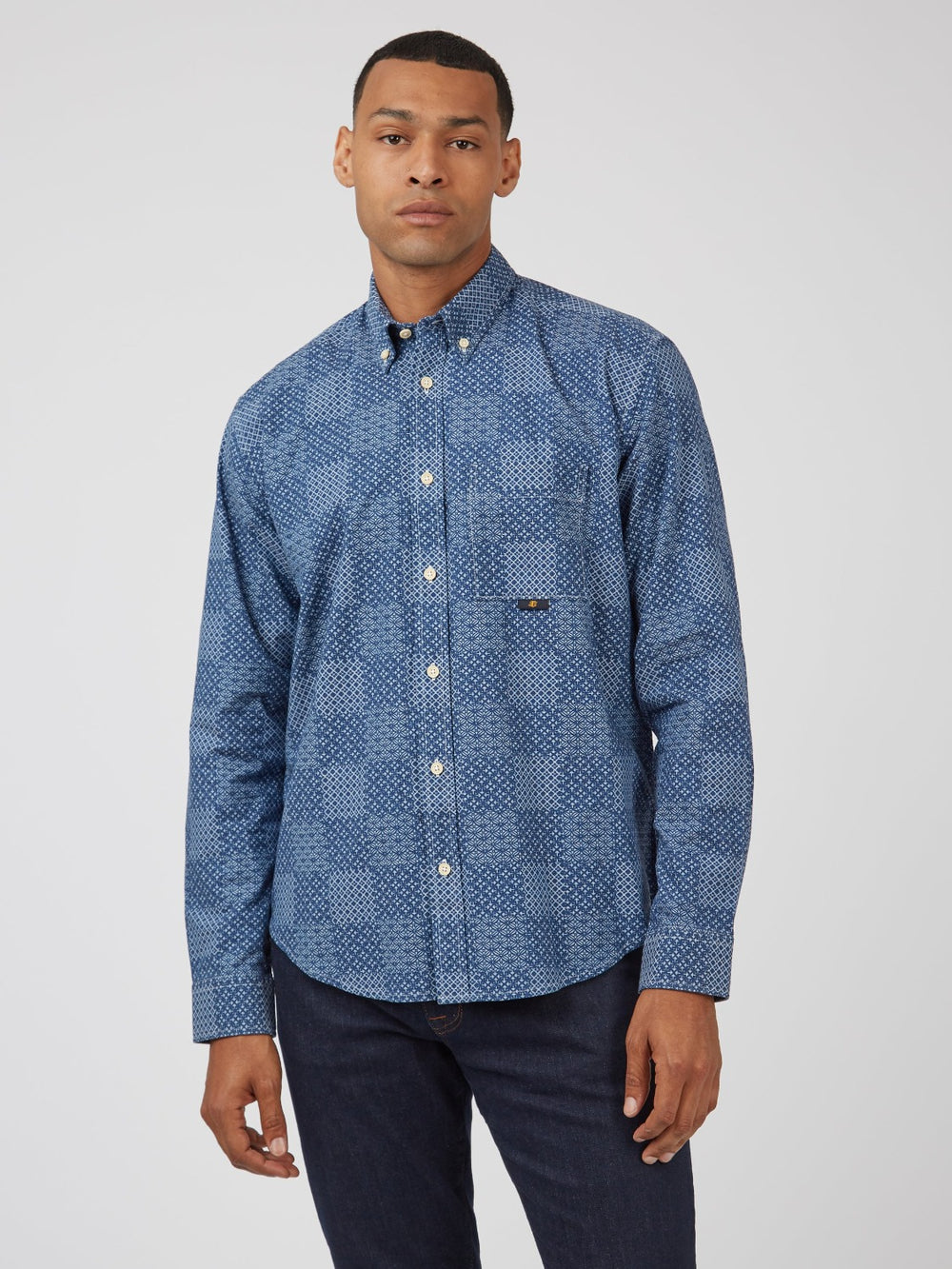 Camasa Ben Sherman Chambray Patchwork Geo Print Long-Sleeve Albastri | 164-DUGBKS