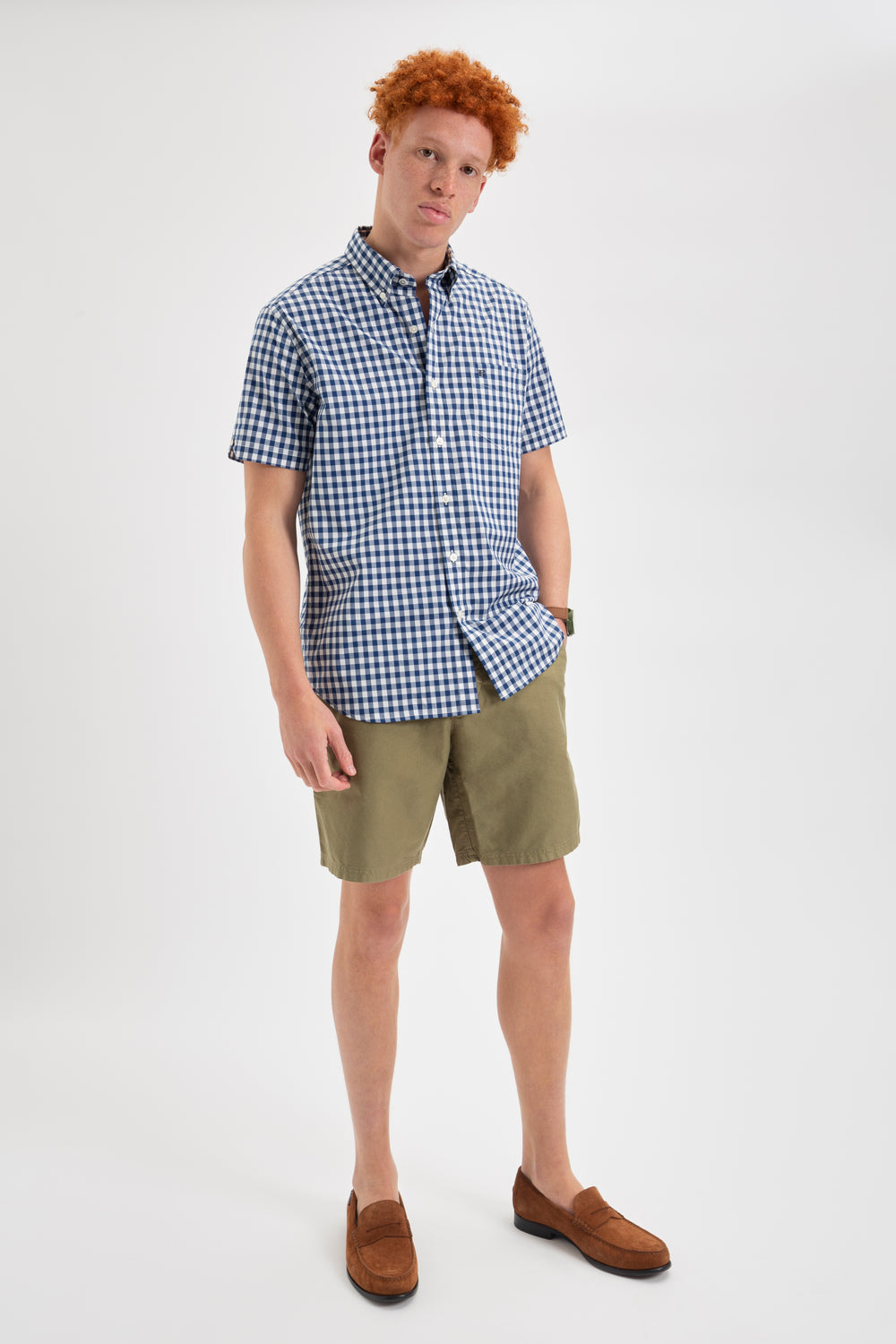 Camasa Ben Sherman Short Sleeve House Poplin Gingham Bleumarin Masline Verzi | 410-ANGJTR