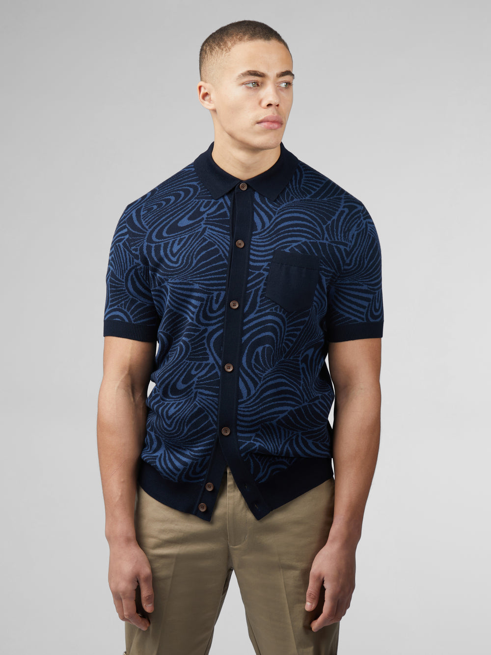 Tricotaje Ben Sherman B by Ben Sherman Swirl Jacquard Button Through Polo Bleumarin | 016-HFANGY